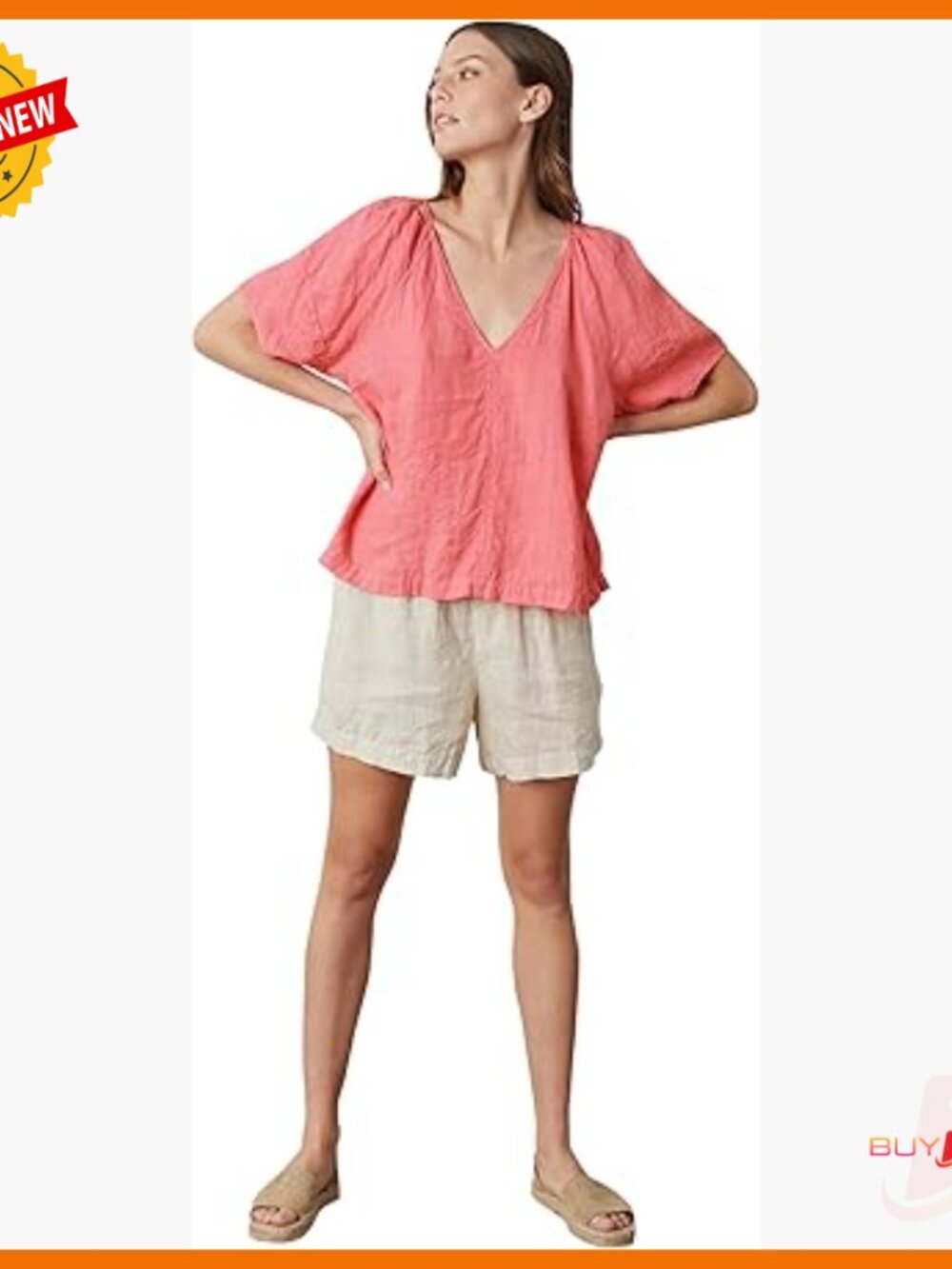 Puff Sleeve Woven Linen Top Regular Fit V-Neck Pull On